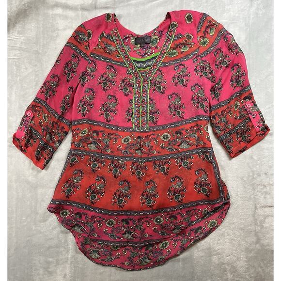Hale Bob Tops - Hale Bob Silk Print Beaded Size Small Cabana Peasant Top Boho Chic Resort Blouse